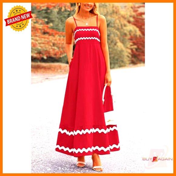 Flowy Maxi Dress Sleeveless Spaghetti Strap Ruffle Boho Beach Casual Elegant - Picture 3 of 7